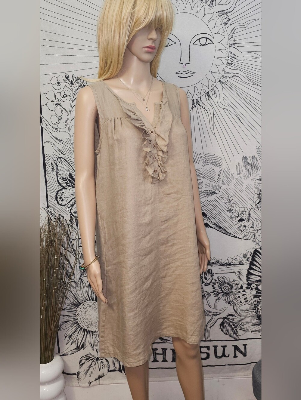 Chelsea & Theodore Beige Ruffle V-Neck Sleeveless Linen Dress Size 4